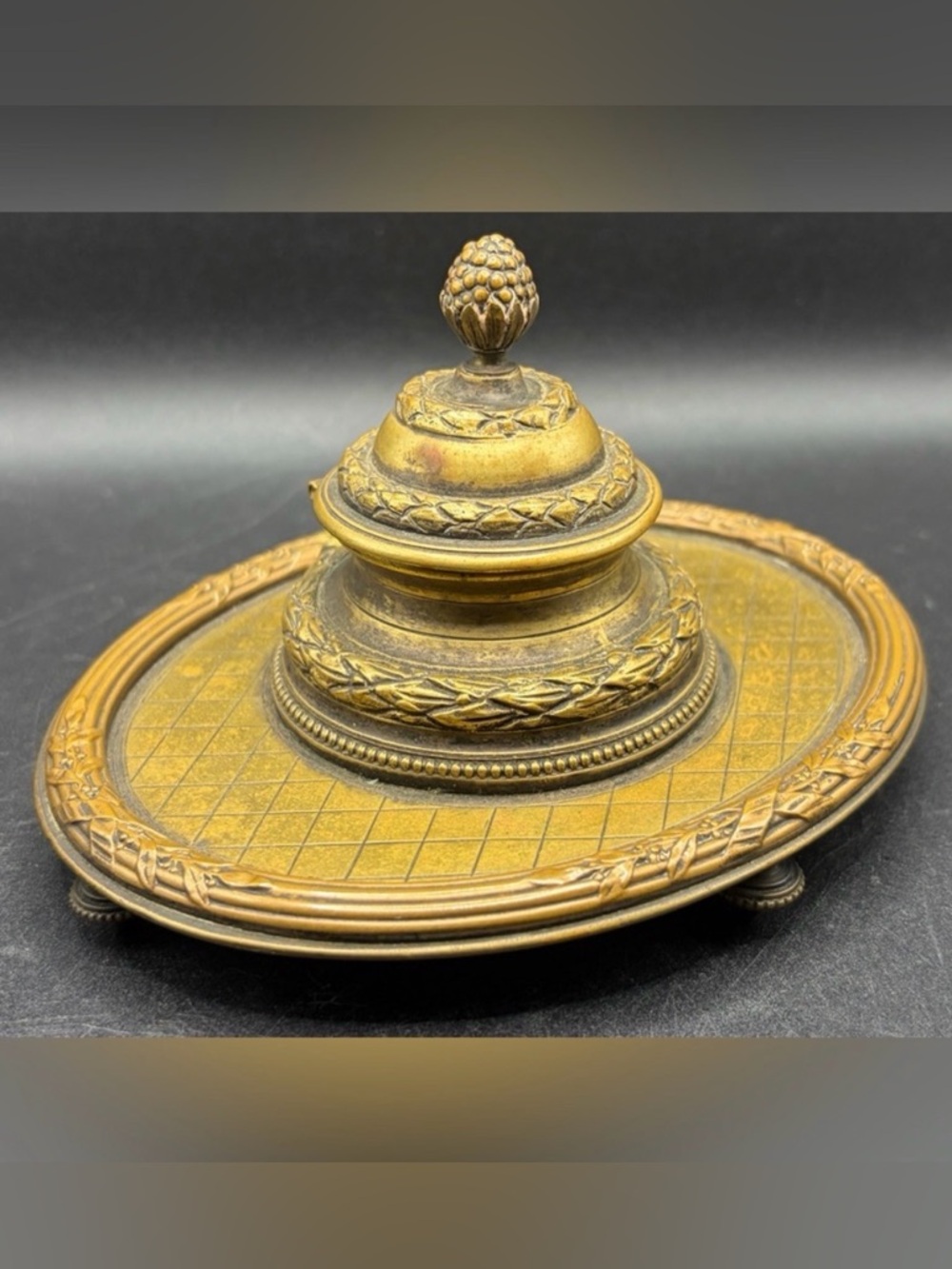 Vintage Victorian Style Botanical Brass & Silver Toned Metal Inkwell Collectible